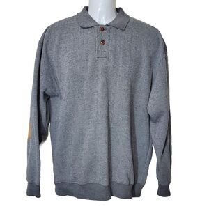 Orvis Polo Mens Large Gray Pullover Leather Elbow Patches Long Sleeve Button